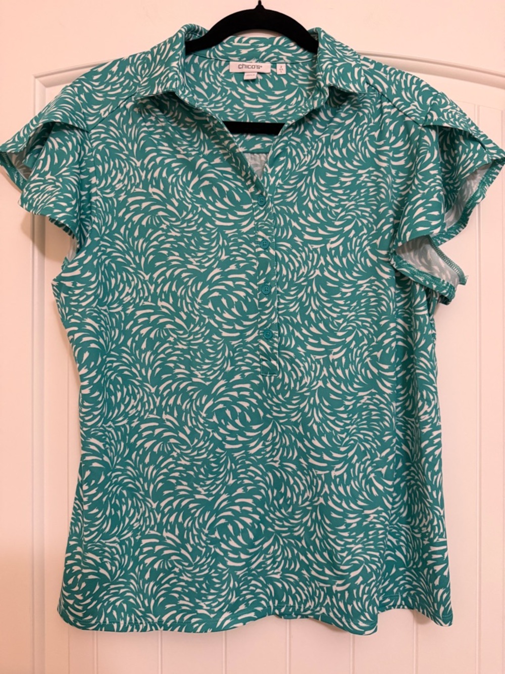 Chico's Teal and White Swirl 1/2 Button-Front Flutter Sleeve Blouse Sz 2R (12R)